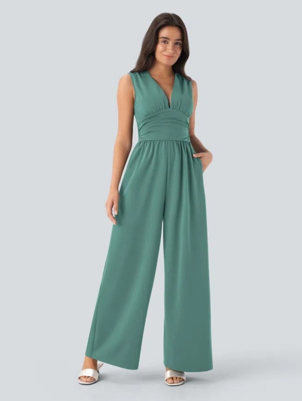 NWOT Halara V Neck Sleeveless Ruched Pocket Jumpsuit-Easy Peezy Size L